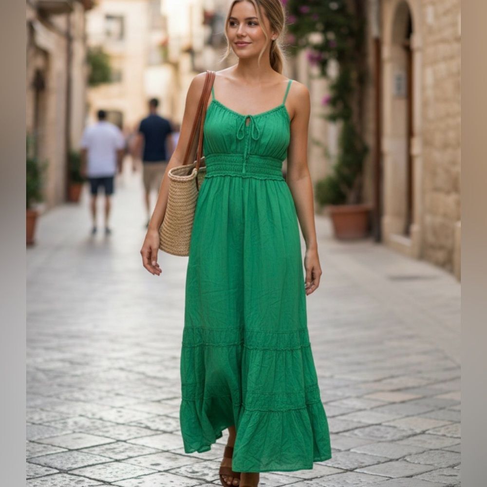 American Eagle Cotton Boho Beachy Green Backless Dress M